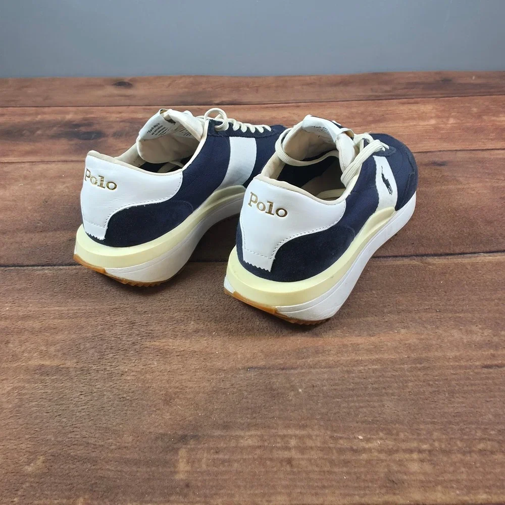 Polo Ralph Lauren Train 85 Sneakers Mens Navy Cream Size 11 Suede Canvas Low Top
